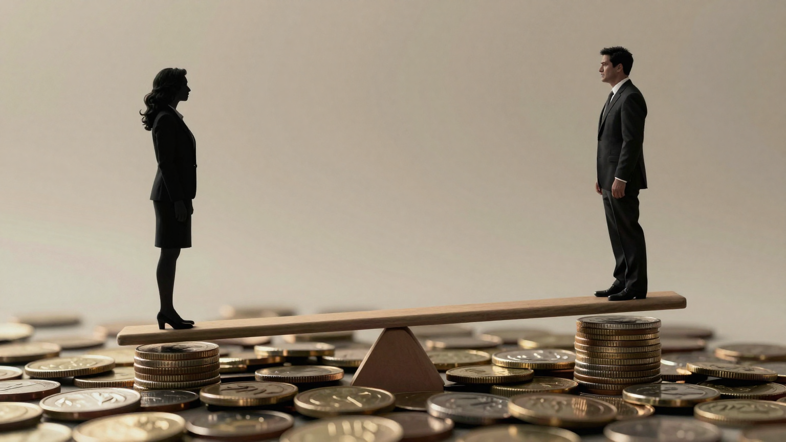 Two silhouettes stand at opposite ends of a seesaw, balanced precariously over a sea of coins, representing the gubernatorial candidates' shared focus on Ohio's cost of living while highlighting their separate approaches to solving economic (AI illustration)