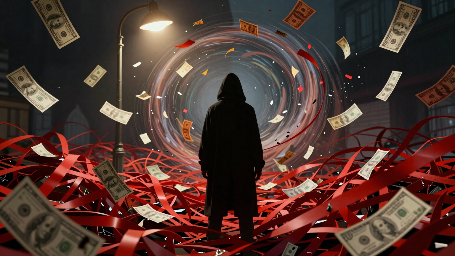 A shadowy figure stands before an endless sea of tangled red tape, surrounded by crumbling dollar bills and floating atop a swirling vortex of lost opportunity, under the dim glow of a flickering streetlamp. (AI illustration)