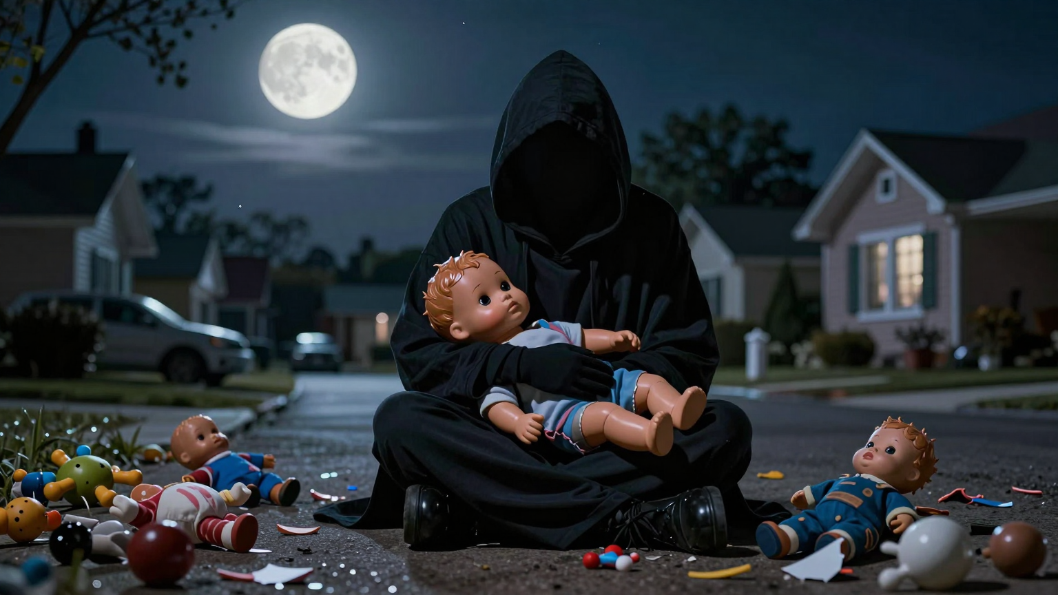 A shadowy figure cradles a limp doll under a moonlit sky, surrounded by scattered, broken toys, symbolizing the heartbreaking loss in a quiet suburban neighborhood. (AI illustration)