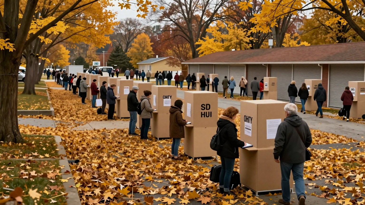 A sea of golden leaves swirls around closed polling stations under crisp autumn skies, as the last voters hurry through Ohio's final early voting weekend before silence falls. (AI illustration)