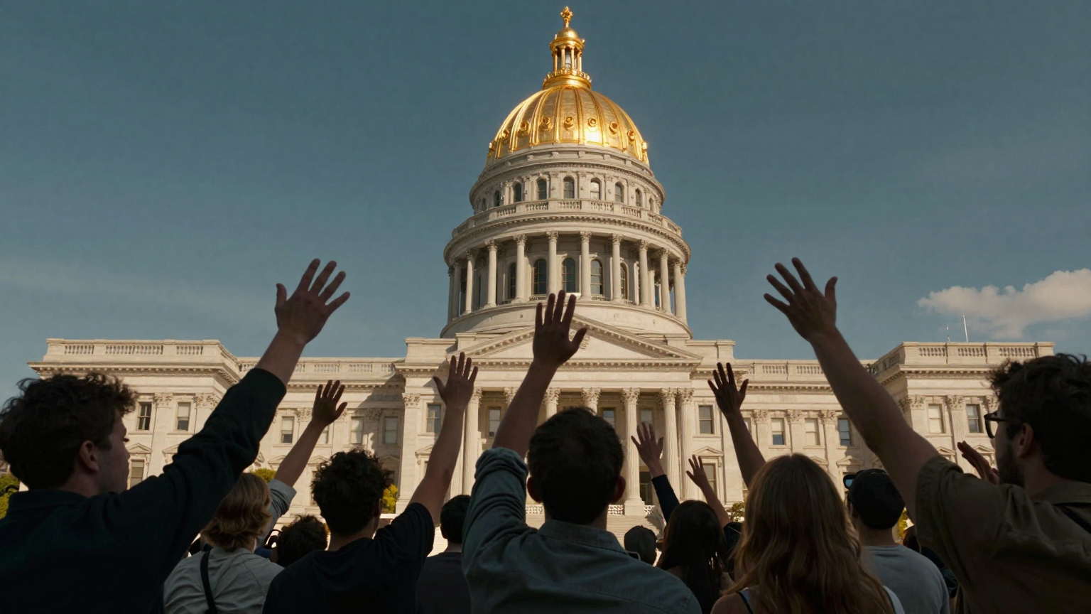 A sea of voters, faces obscured by shadow, stand before an imposing, golden-spired capitol building, their outstretched hands nearly touching the unattainable peaks, symbolizing their quest to shape the constitution. (AI illustration)