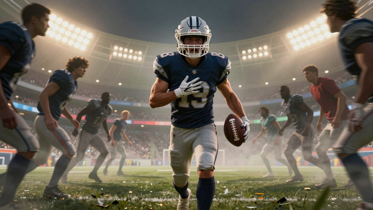 A lone football player emerges from mist into a glowing stadium, holding his chest with one hand and the football in the other, surrounded by swirling shadows of concern and support. (AI illustration)