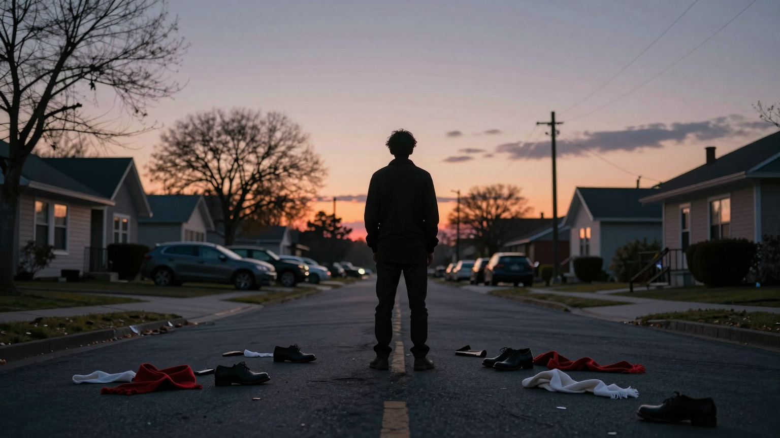 A lone figure stands silhouetted against a twilight sky, surrounded by scattered shoes and scarves, symbolizing the sudden disruption and abandonment in a quiet suburban street. (AI illustration)
