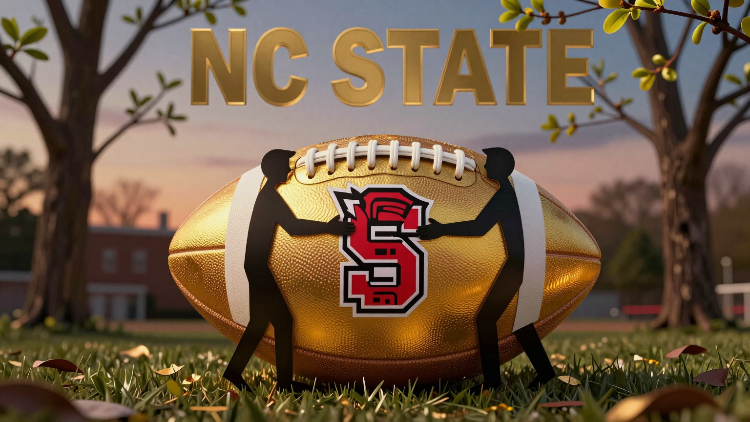 A golden football glows warmly in the twilight, nestled among budding trees of NC State, with abstract figures embracing it, symbolizing hope and new beginnings in this potential coaching homecoming. (AI illustration)