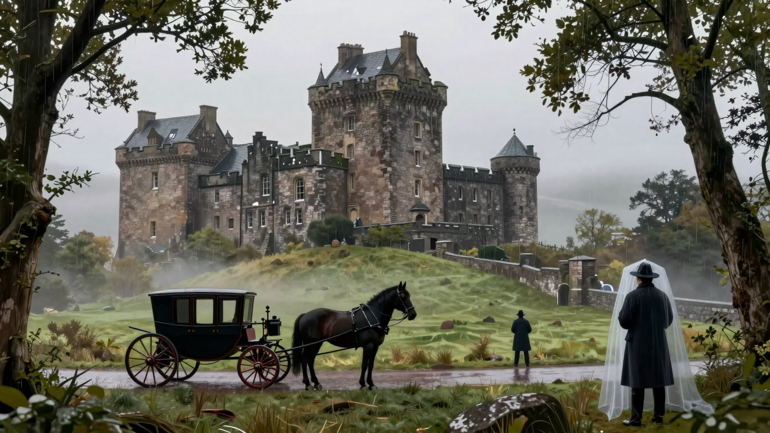 A misty Scottish landscape surrounds a grand castle, where silhouettes of two figures stand near a horse-drawn carriage, while in the distance, a lone detective observes from behind a veil of rain-soaked trees. (AI illustration)