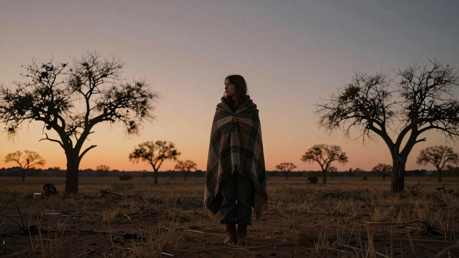 A lone figure, wrapped in a blanket, stands under a vast sky at dusk on a desolate Texas plain, her rounded form silhouetted against the horizon, surrounded by sparse, twisted trees. (AI illustration)
