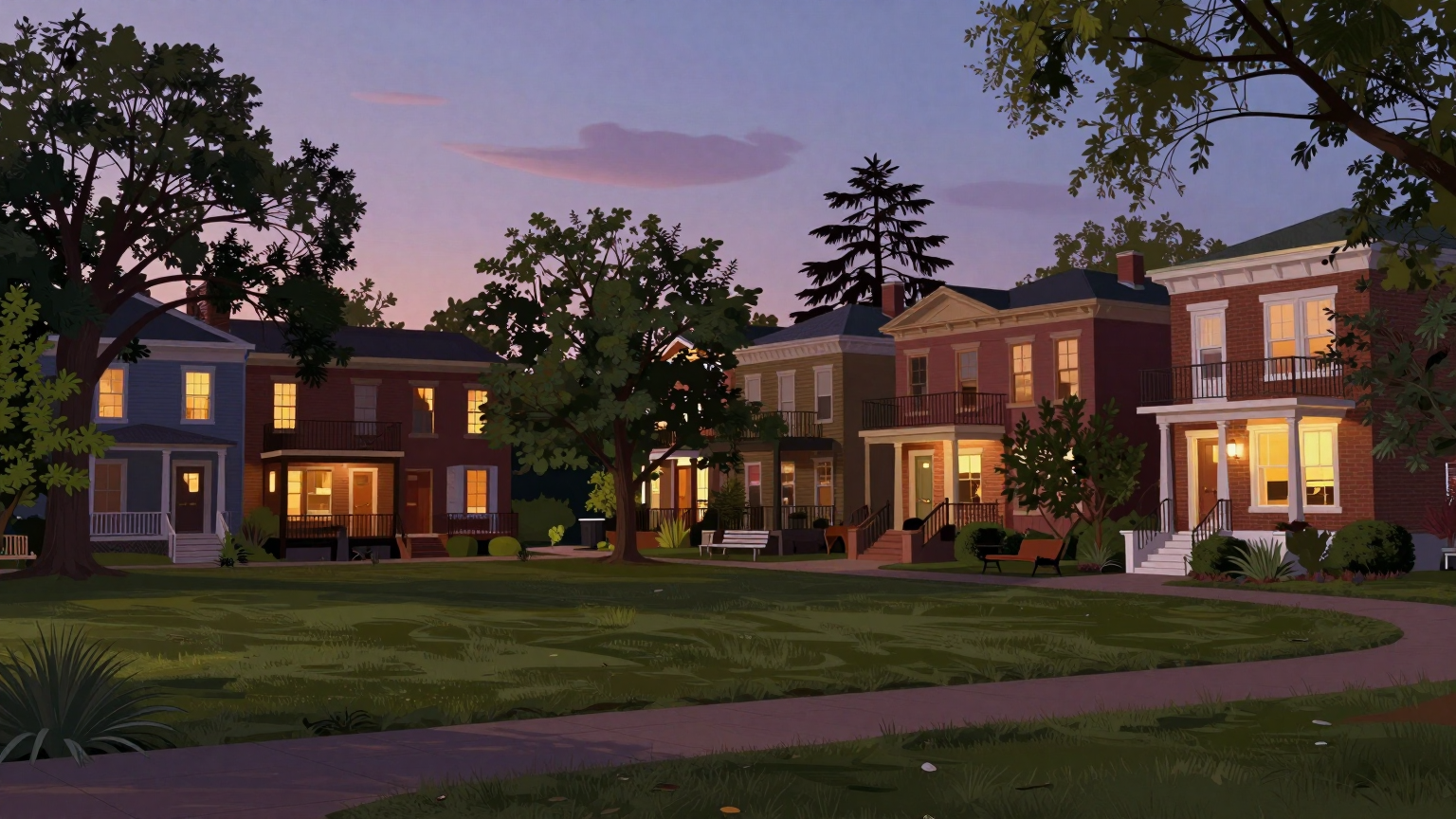A vibrant neighborhood park lies quiet under twilight sky, its merry atmosphere now replaced by the stillness of evening, with only faint echoes of laughter lingering among the shadows. (AI illustration)