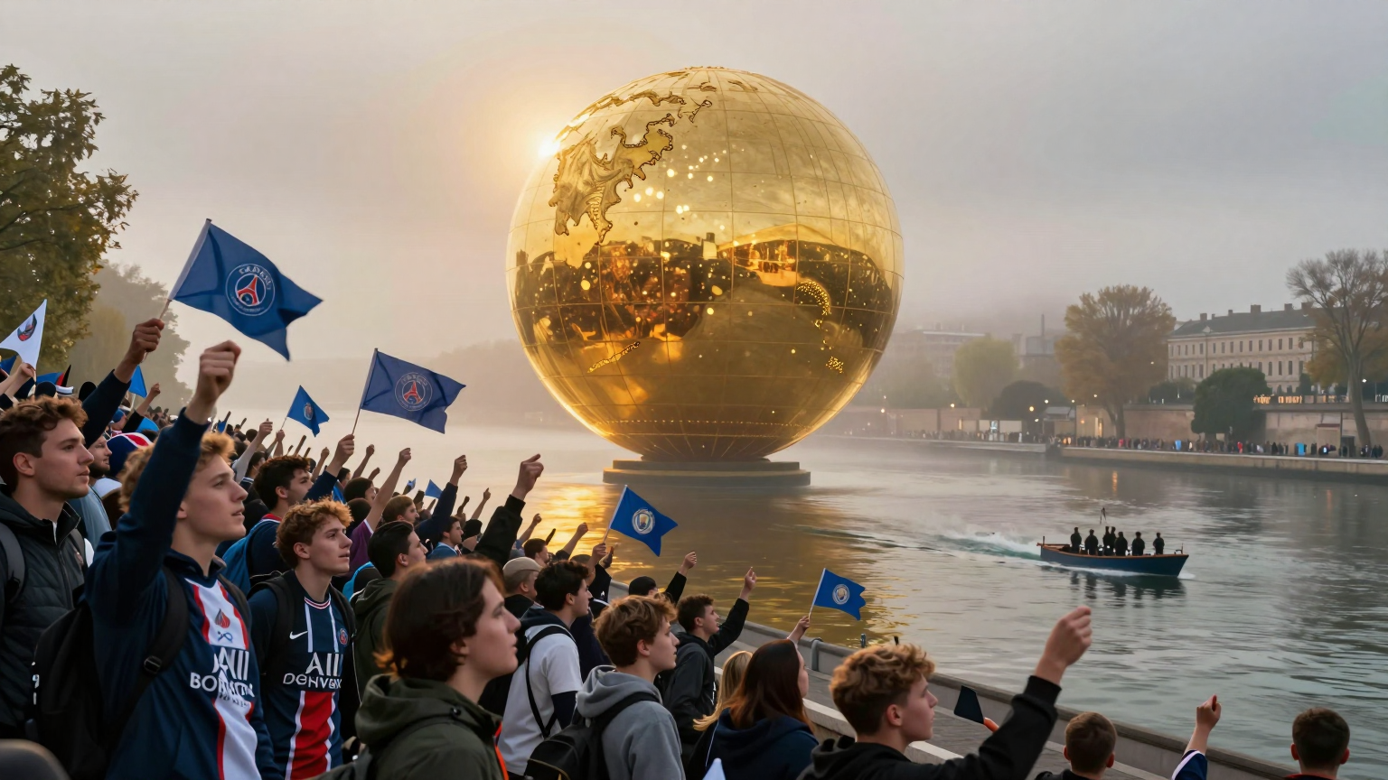 A golden orb rises over the misty Seine, casting a luminous glow on the triumphantly waving PSG fans, while silhouettes of departing Manchester City supporters fade into the distance. (AI illustration)