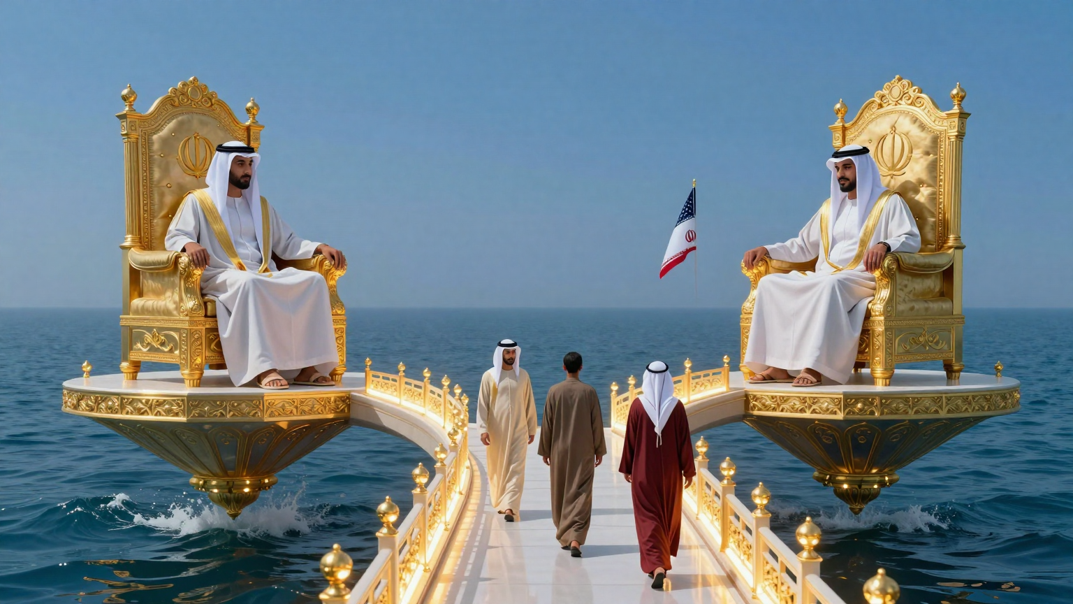 Qatari delegates are depicted gracefully navigating a luminous bridge that connects two grand, yet distant, golden thrones floating in a serene azure sea, symbolizing their pivotal role in bridging the gap between the United States and Iran (AI illustration)
