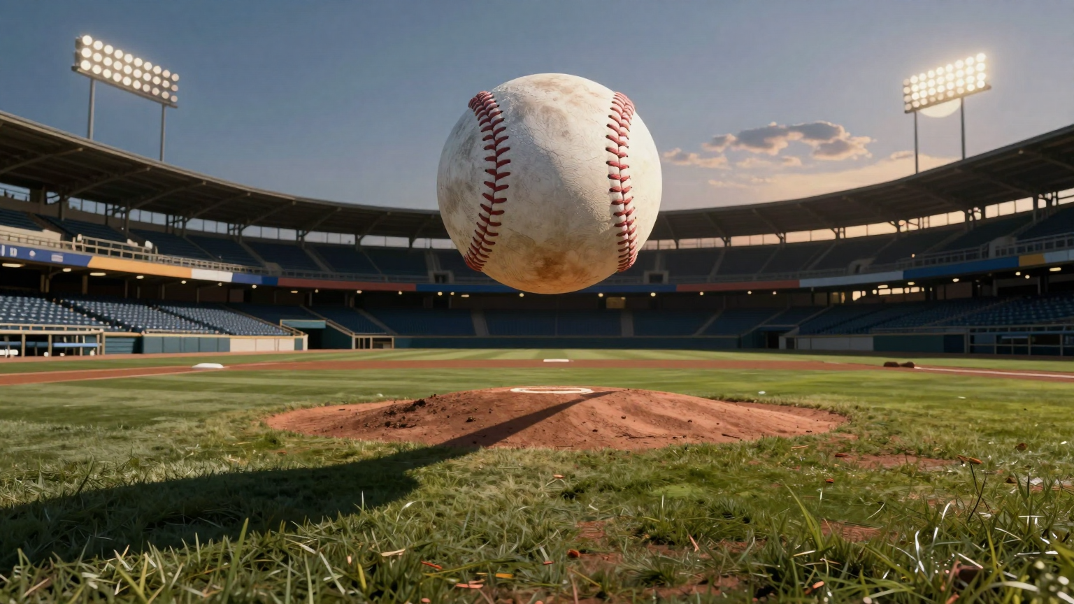 A lone baseball floats serenely under an evening sky, illuminated by the glow of a rising moon, with the shadow of a pitcher stretching long across a deserted stadium field. (AI illustration)