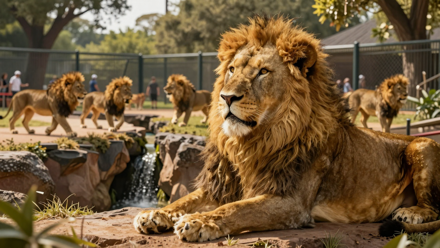 A majestic lion lounges regally in a golden enclosure, gazing longingly at a bustling zoo across a narrow chasm where other lions play, symbolizing missed opportunity and separation between the theaters. (AI illustration)