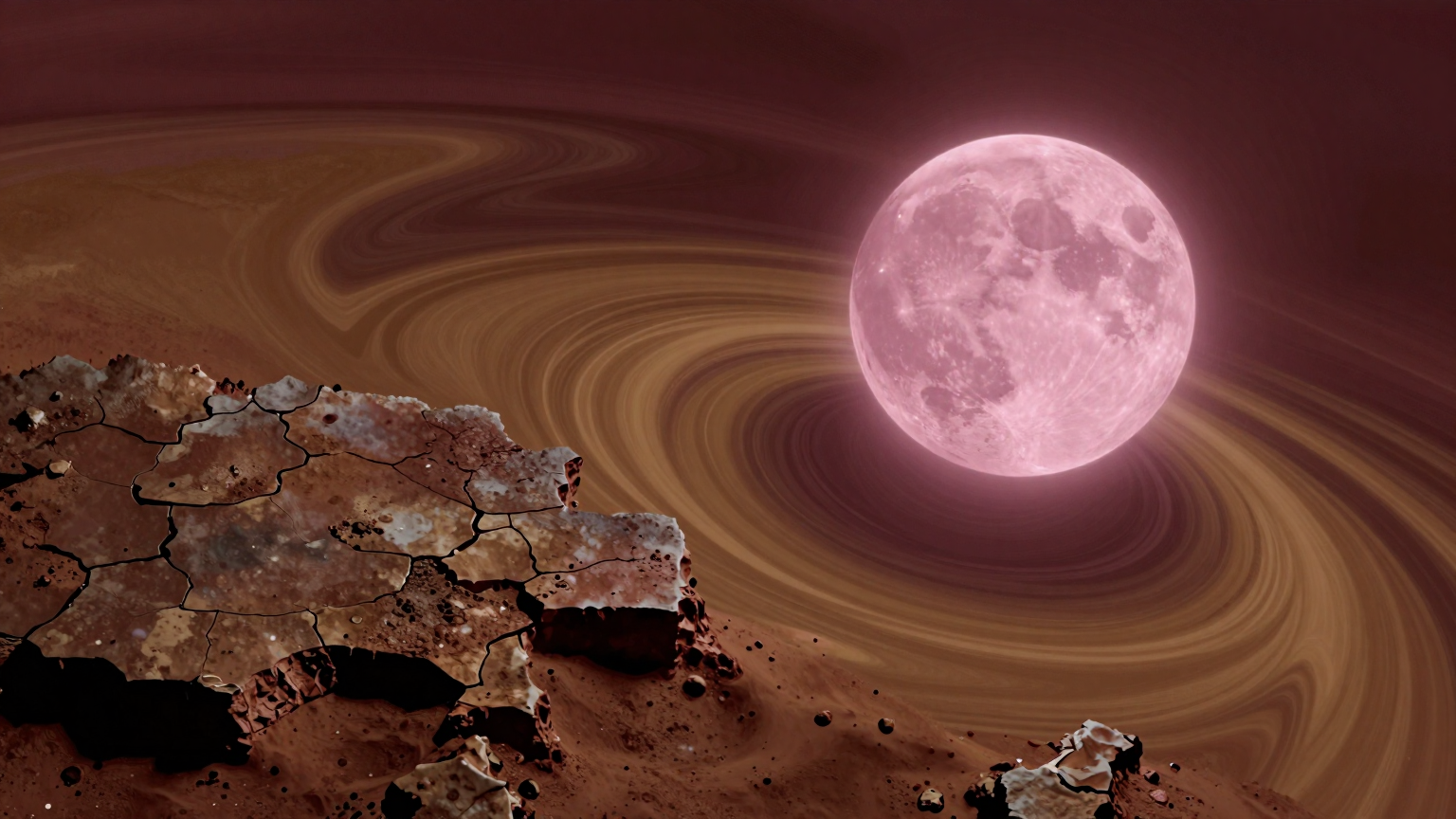A luminous rose-colored sphere hovers above an abstract landscape of swirling maroon and ochre, evoking the mysteries of Mars' ancient crust revealed by the meteorite. (AI illustration)