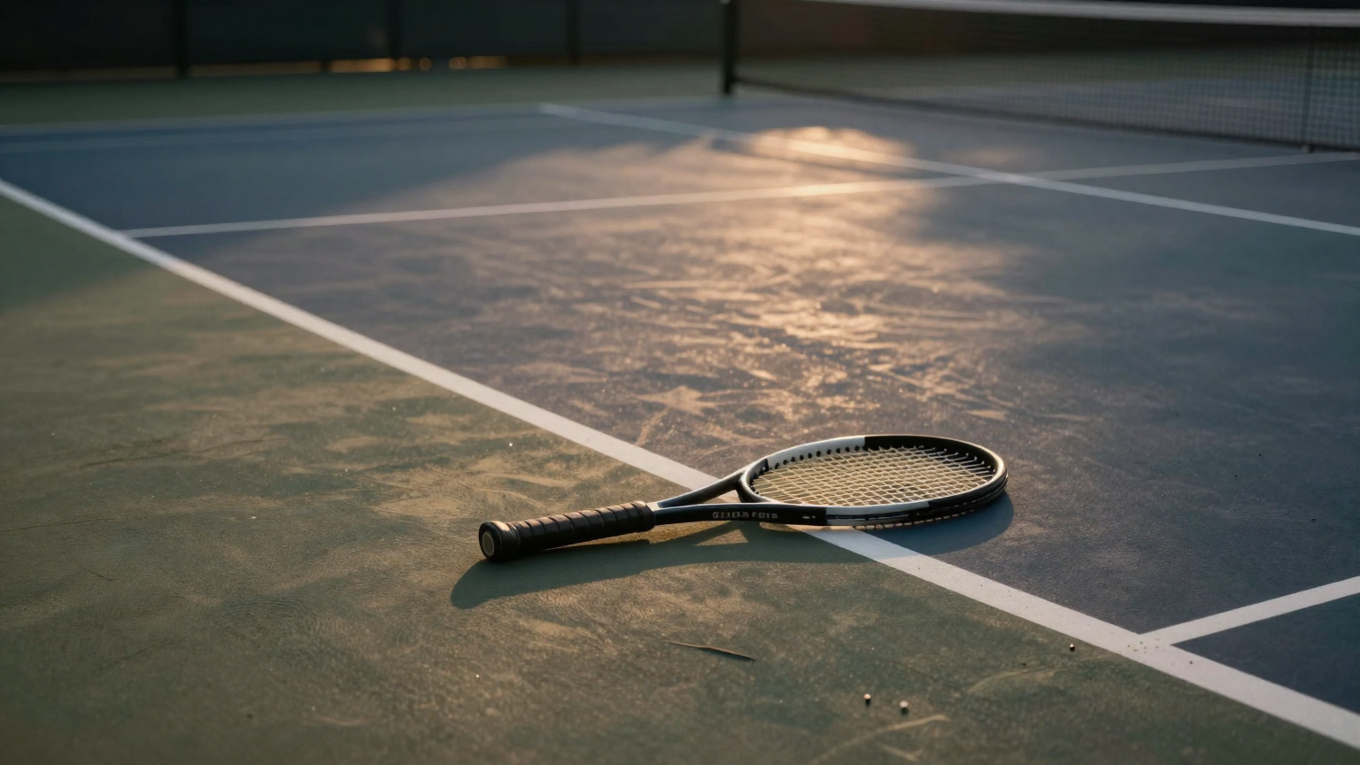 A lone tennis racket rests on the edge of a deserted court, shadows lengthening as the sun sets, underlined by the quiet sorrow of unused potential. (AI illustration)