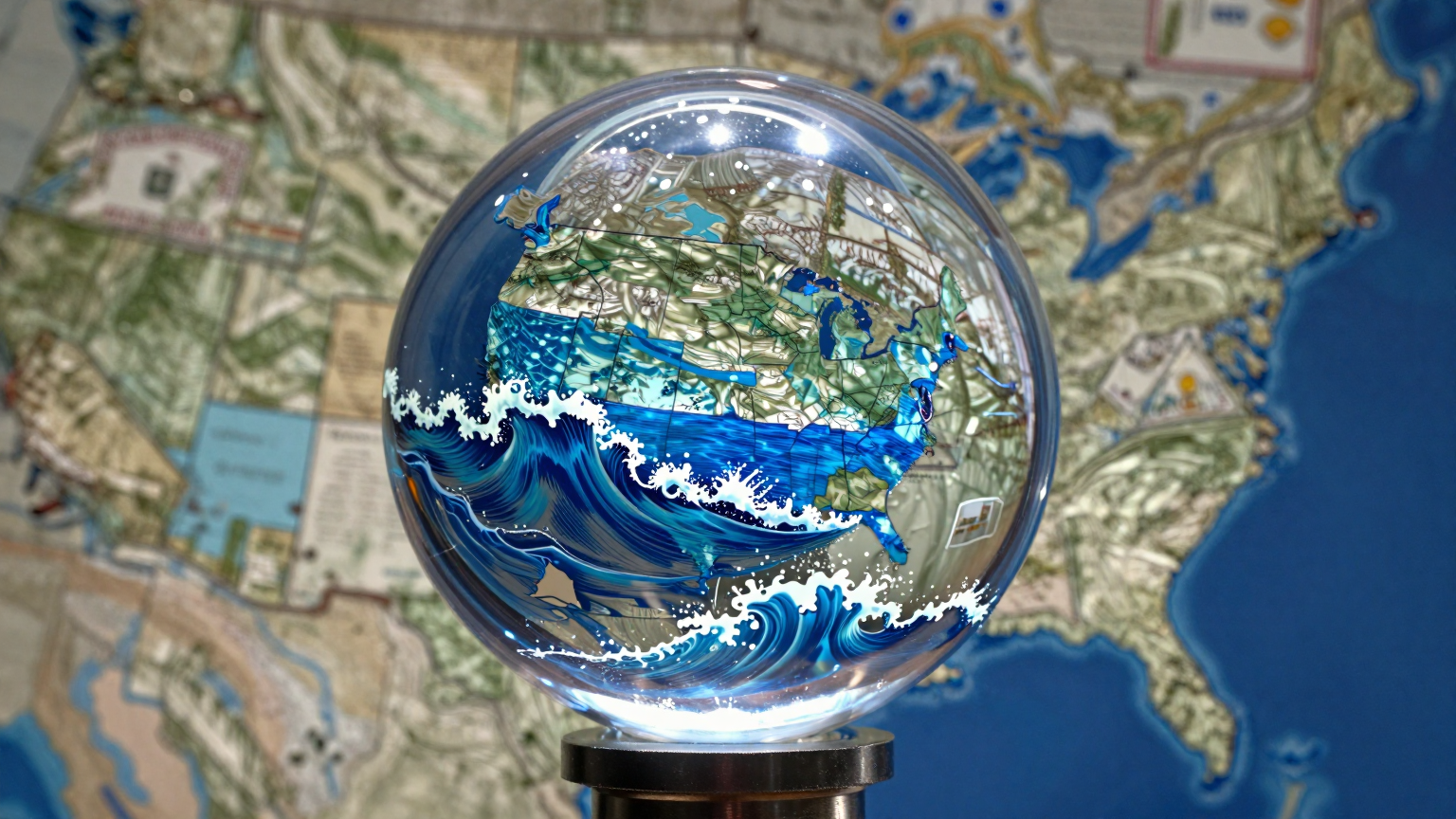 A majestic crystal ball hovers above a map of the United States, its glowing reflection casting dynamic patterns over two states, where vibrant blue waves begin to wash ashore, symbolizing an incoming tide of Democratic support. (AI illustration)