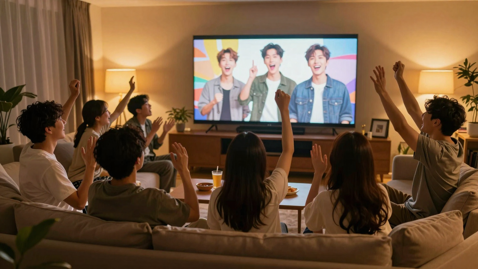 A cozy living room bathed in warm golden light, filled with excited fans huddled around a glowing screen, their faces aglow with anticipation and joy as they cheer for their favorite celebrities. (AI illustration)