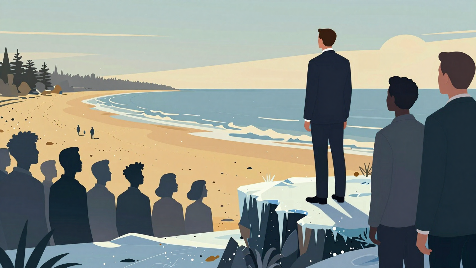 A lone figure stands on an icy cliff, gazing at a distant shore where silhouettes of hopeful faces wait by a warm, golden beach, symbolizing the divide between the senator's criticism and the mayor's vision for welcoming skilled workers. (AI illustration)