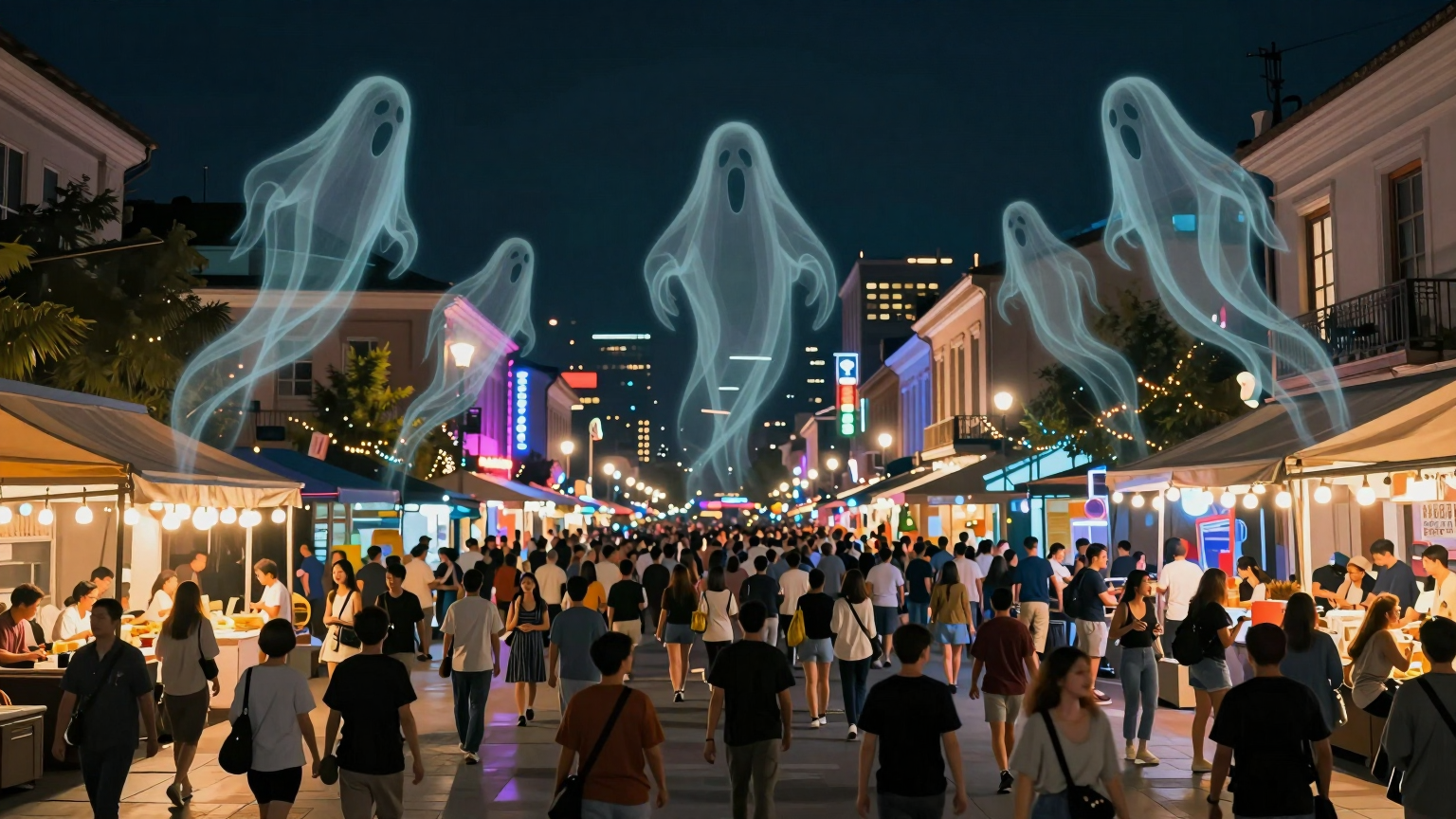 A bustling city square at night, filled with lively revelers and colorful lights, with ghostly silhouettes hovering above, watching over the joyful yet unaware crowd below. (AI illustration)