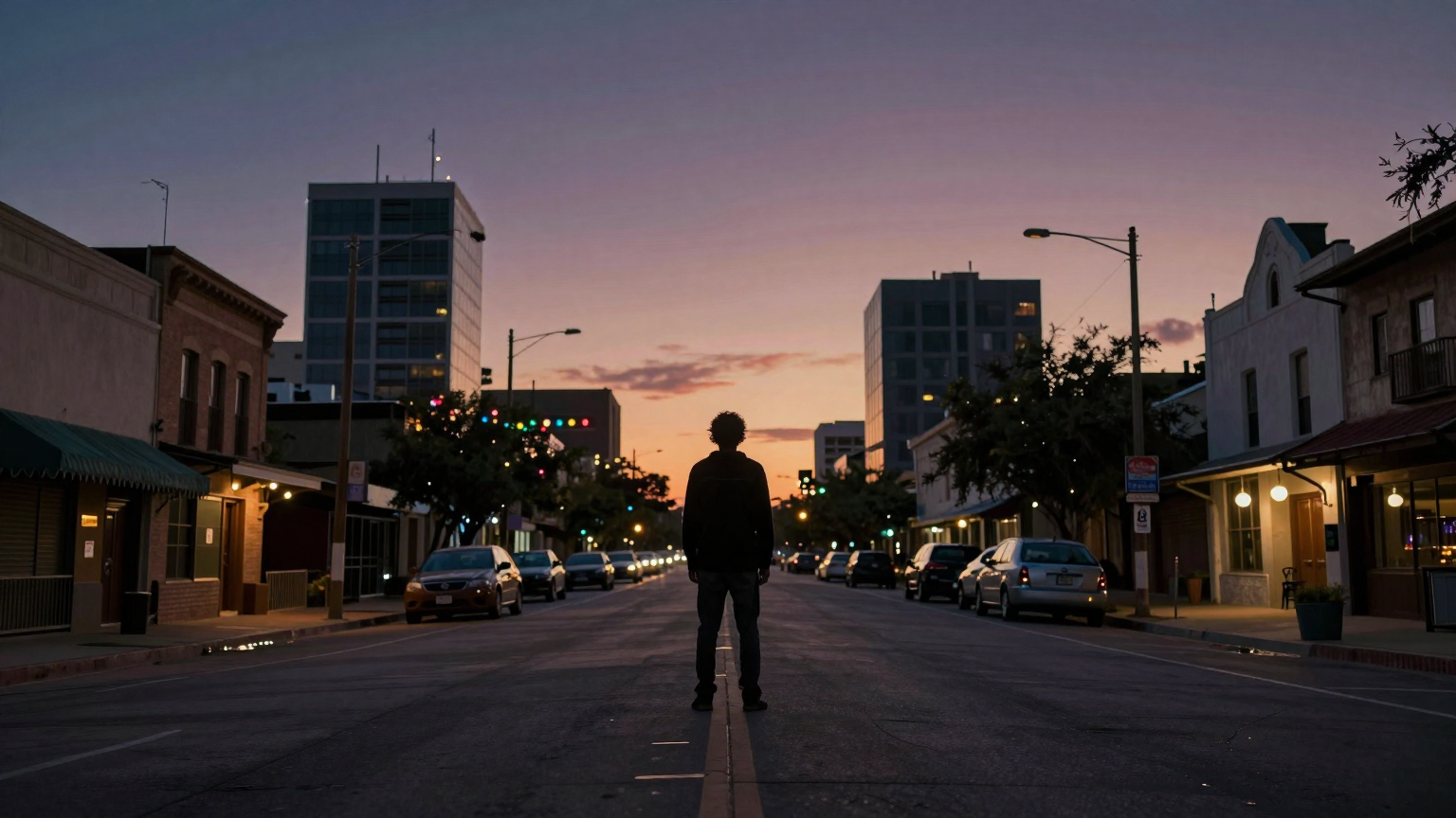 A lone figure stands silhouetted against the twilight sky, surrounded by empty streets where echoes of sorrow linger, amidst the bustling yet now quiet urban landscape of San Antonio and Austin. (AI illustration)
