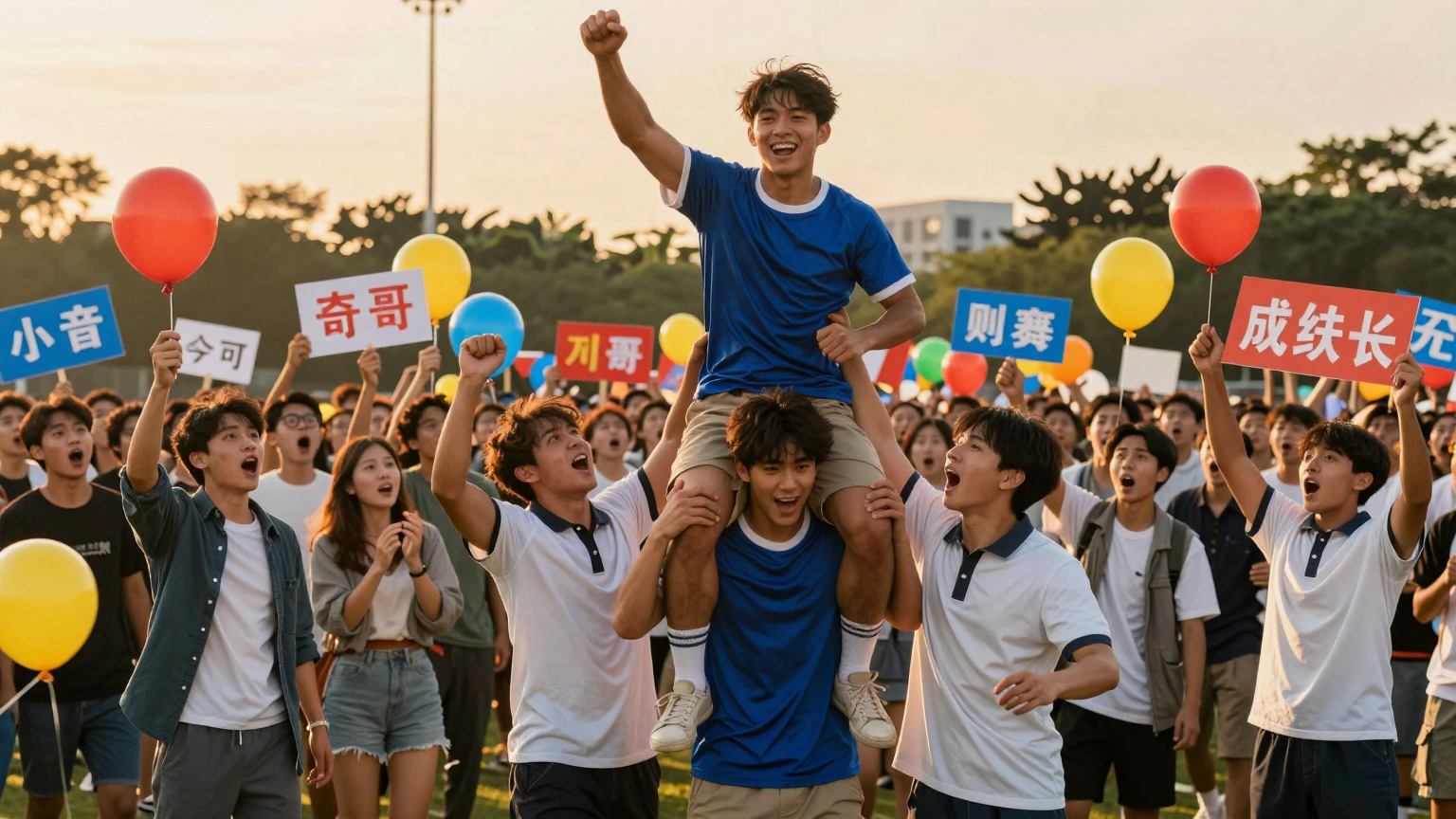Under the glow of golden evening light, a jubilant group of young players in mismatched uniforms hoist their star quarterback onto their shoulders, surrounded by a sea of excited, colorful spirit signs and balloons, set against a backdrop o (AI illustration)