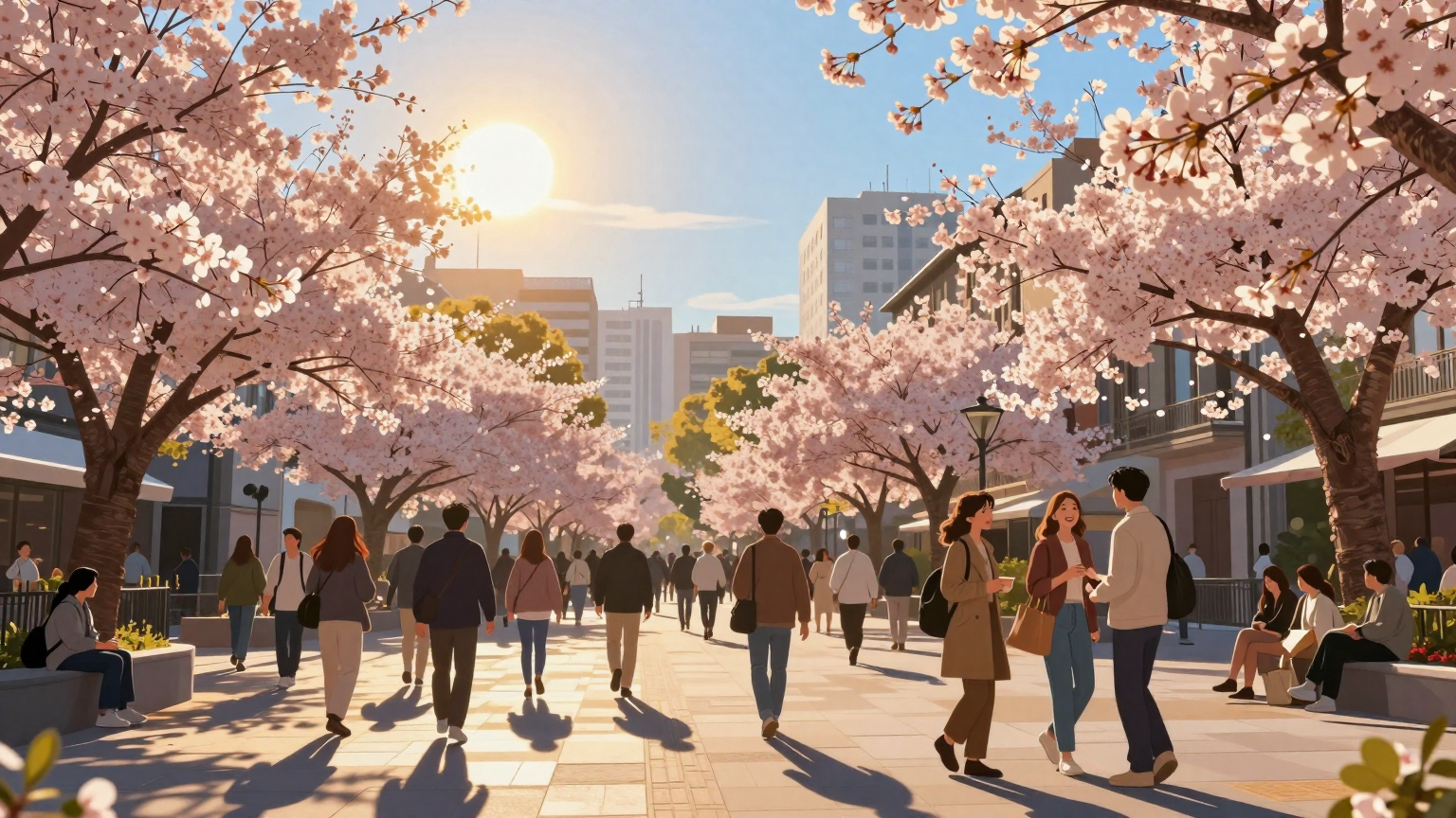 A golden sun hangs low in a clear blue sky, casting long shadows over a bustling city square where cheerful citizens gather beneath blooming cherry trees, their warm smiles reflecting the pleasant weather forecast. (AI illustration)