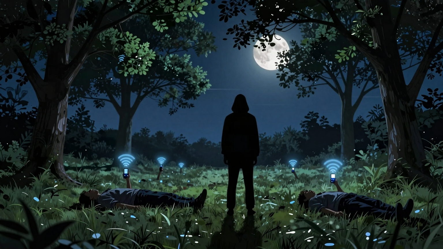 A shadowy figure stands silhouetted against a night sky, surrounded by glowing cell phone signals, with two faint figures lying still on a moonlit lawn beneath a cluster of trees. (AI illustration)