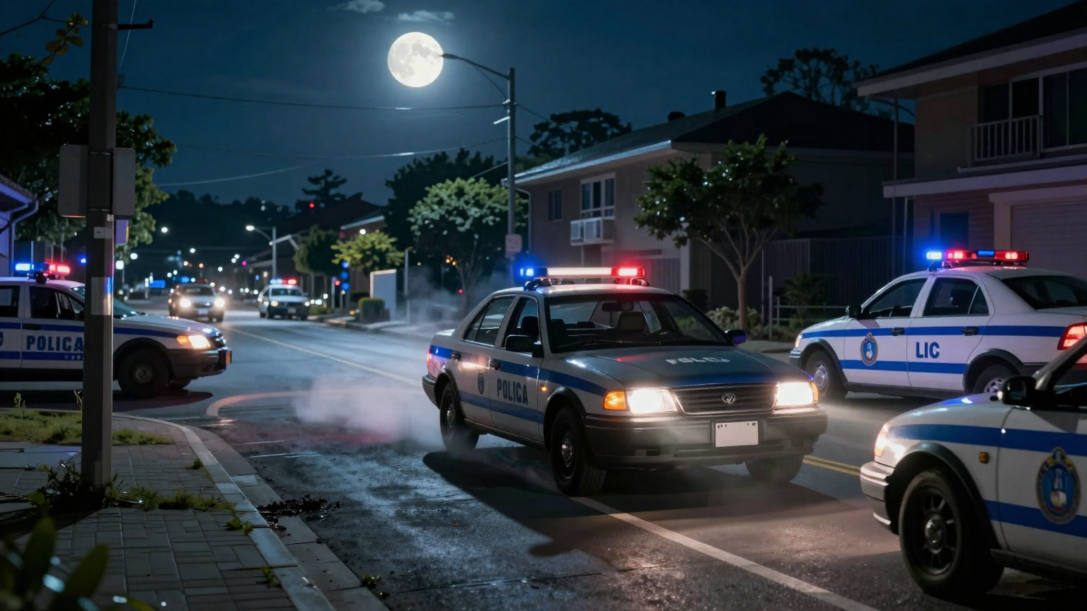 A lone car weaves erratically through an empty night street, its headlights casting eerie shadows as it swerves past stationary police vehicles under the moonlit sky. (AI illustration)