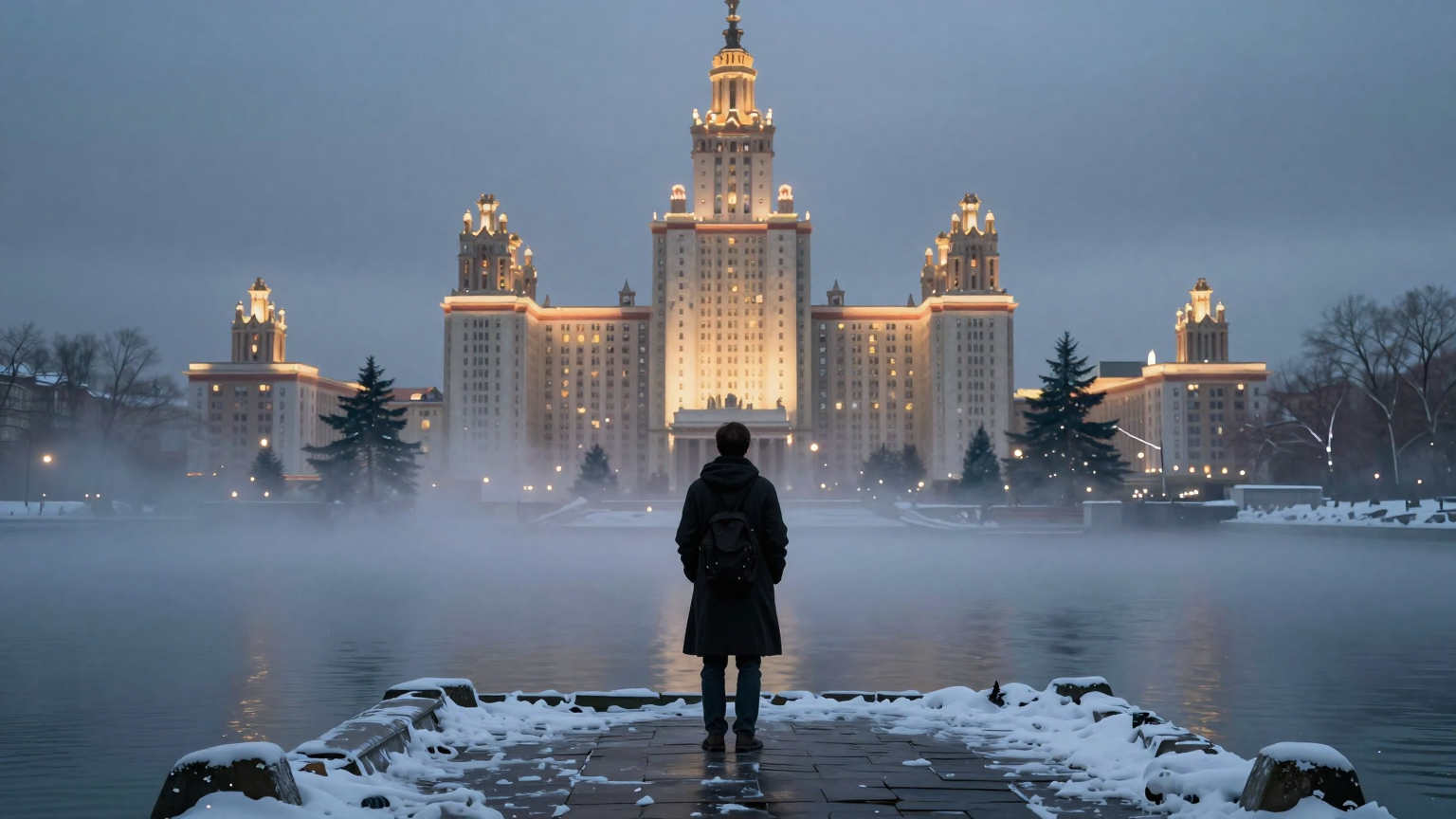 A lone scholar stands isolated on a cold, windswept quay, surrounded by swirling mist, with distant, glowing university spires just out of reach across the water. (AI illustration)