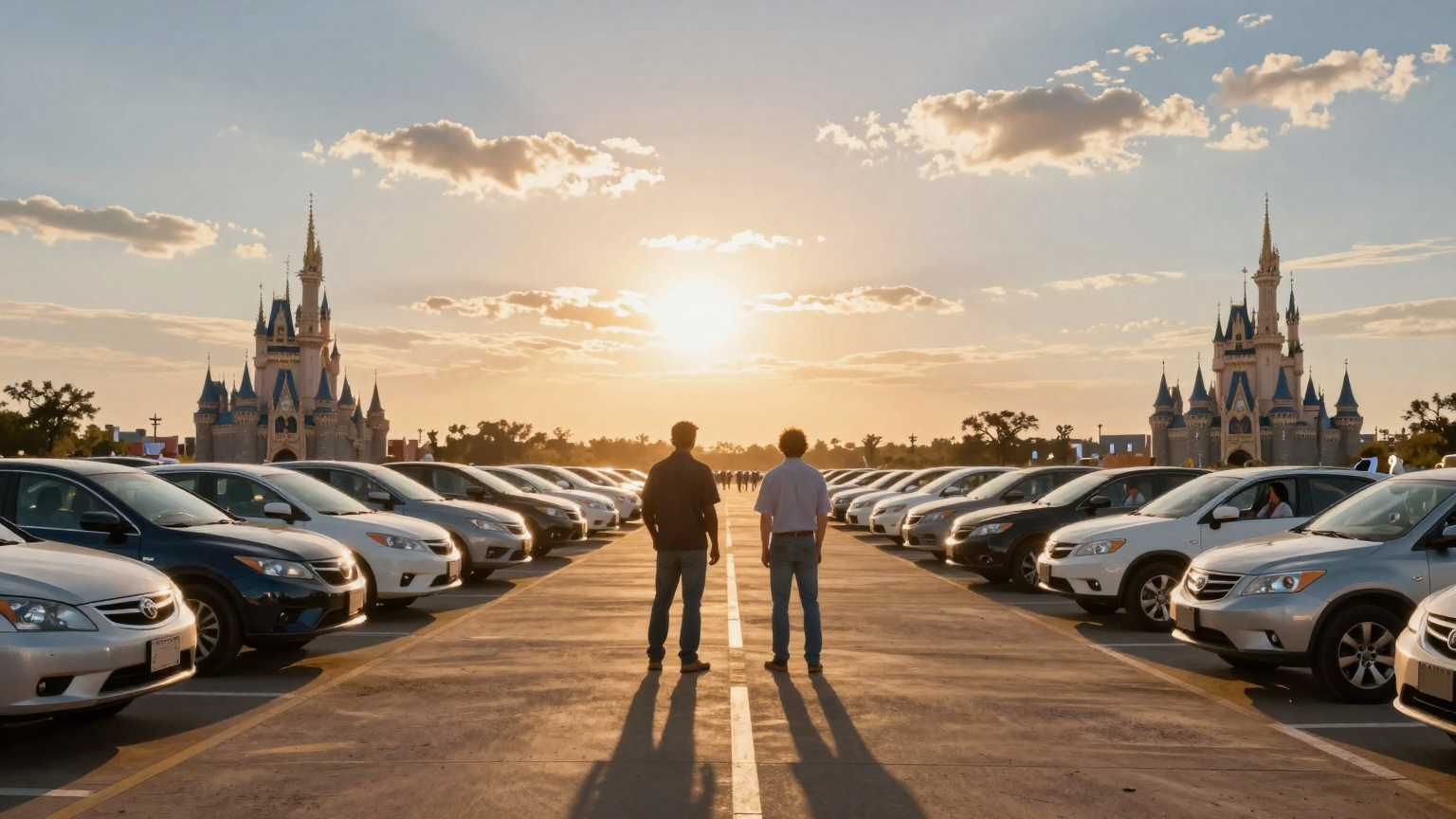 Two figures stand against a vast Texas sky, shadows stretching long under the evening sun, surrounded by rows of parked cars and glimpses of castles, symbolizing leadership and the end of a long journey towards election day. (AI illustration)