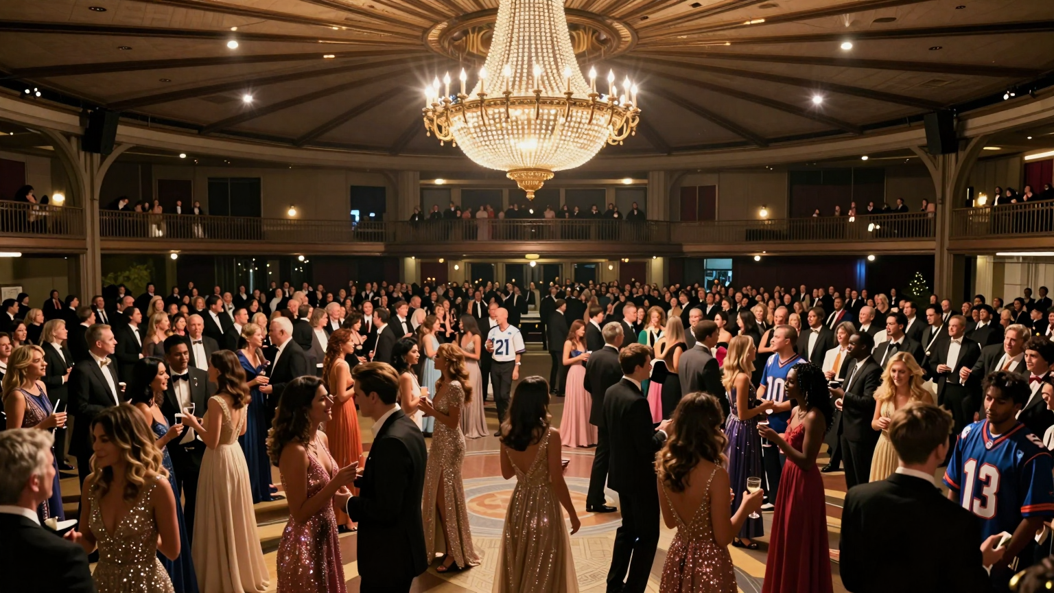 A grand chandelier hangs above, casting sparkling light on a sea of glittering evening gowns and football jerseys, as 1,000 guests mingle beneath the iconic arches of Madison Square Garden. (AI illustration)