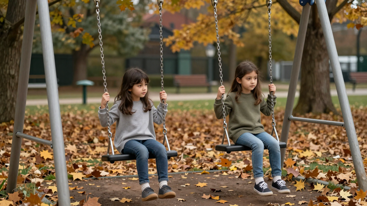 A young girl sits alone on a swing set, her gaze fixed on the empty swing beside her, while autumn leaves gently cover the quiet playground. (AI illustration)