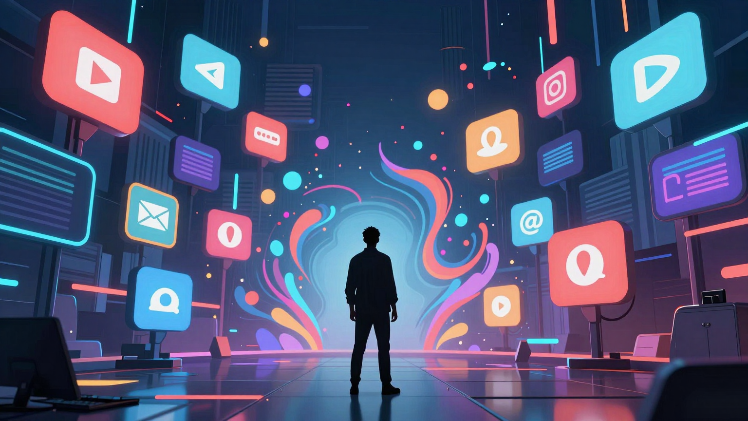A lone figure stands before a vast digital landscape of glowing screens, their silhouette cast against a sea of swirling colors and shapes, symbolizing the legal battle unfolding in the realm of social media advertising. (AI illustration)