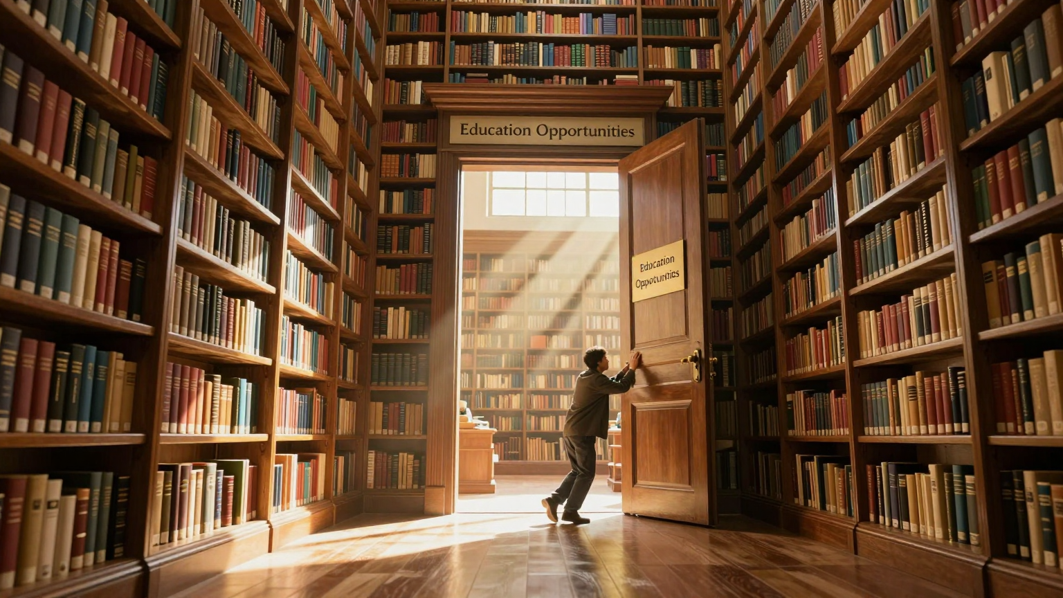 A grand library filled with towering bookshelves reaches out to golden rays of sunlight, symbolizing knowledge and potential, with a solitary figure pushing open a massive door labeled "Education Opportunities," revealing endless possibilit (AI illustration)