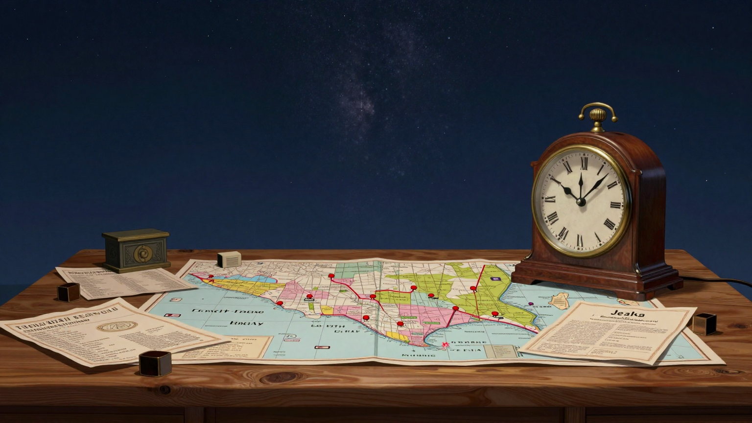 A vast, starlit sky arches over a quiet, wooden desk cluttered with maps, stamps, and an old grandfather clock ticks away, its hands nearing the crucial moment for sealing Texas election results. (AI illustration)