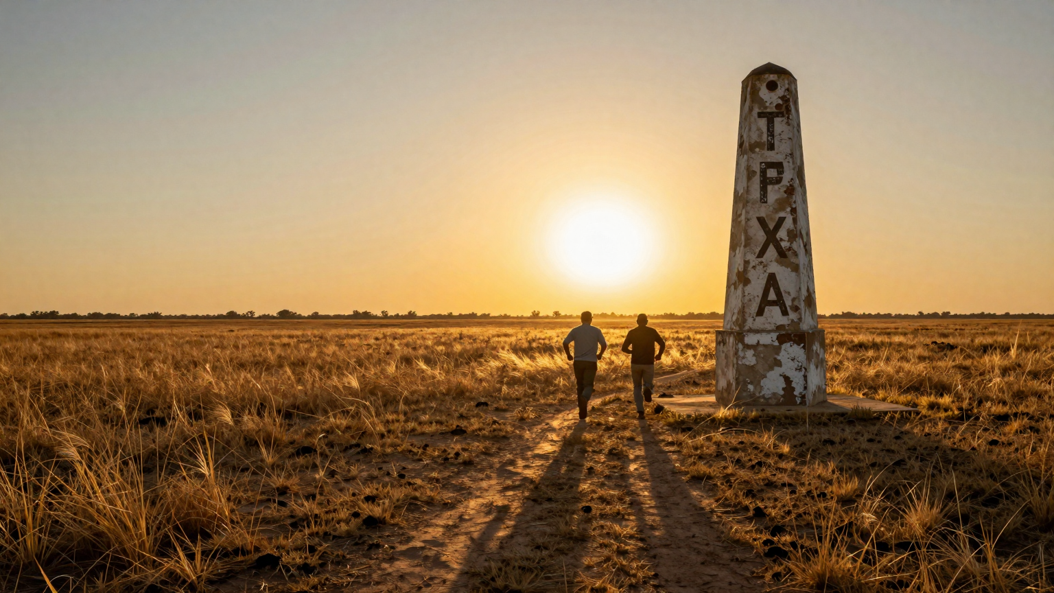 A golden sunset casts long shadows over an expansive Texas landscape, with two figures racing towards an old, weathered land marker, their paths converging just before reaching it. (AI illustration)