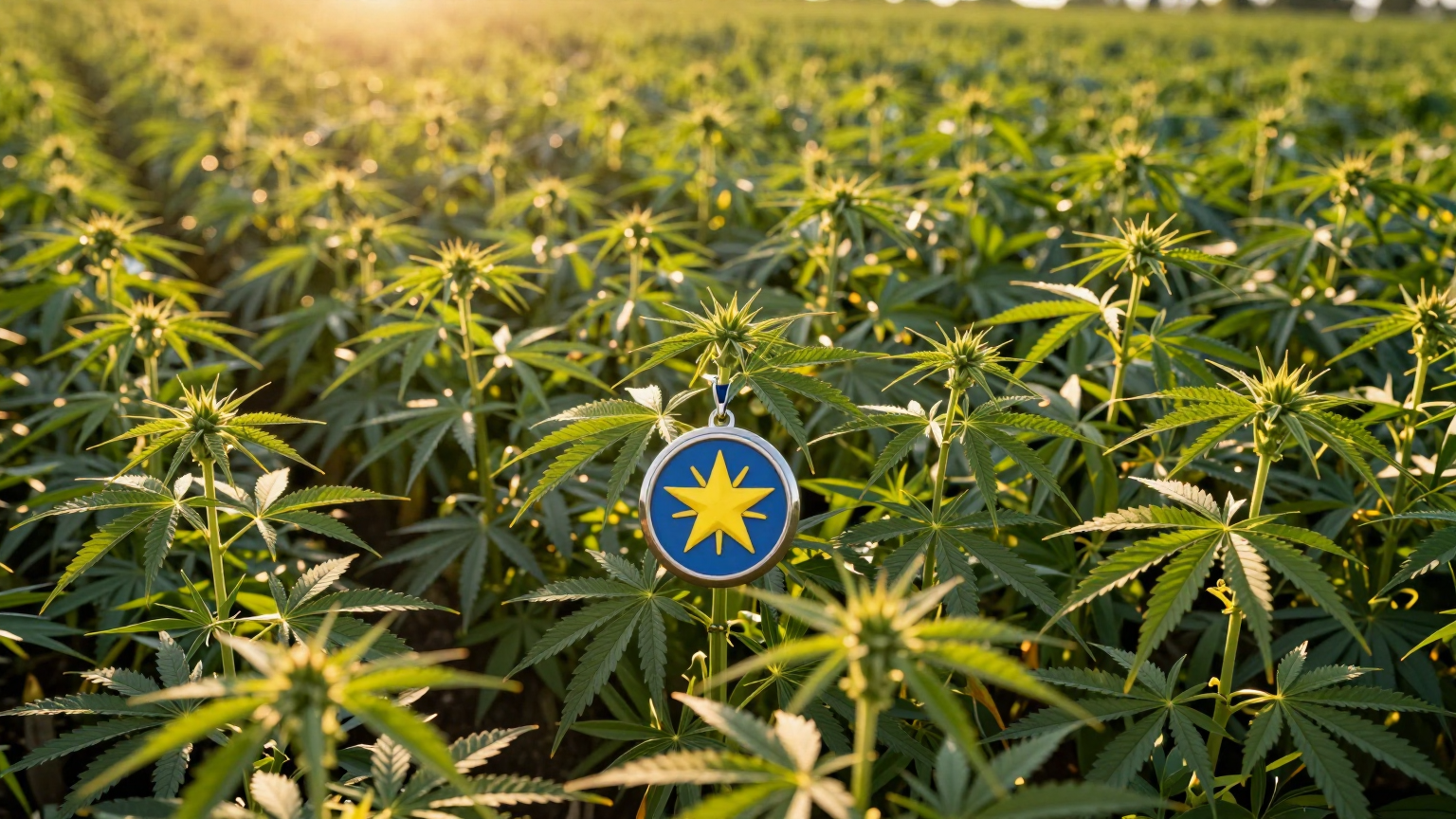 Hemp fields stretch under golden sunlight, their vibrant colors contrasted by a lone figure wearing a badge adorned with a rising star, symbolizing hope and leadership amidst the sea of green. (AI illustration)
