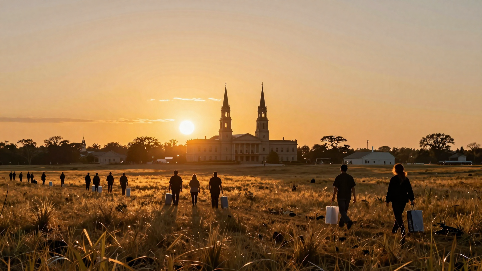 A vast prairie landscape stretches under a golden sunset, dotted with silhouettes of voters walking towards a horizon where majestic courthouse spires glow warmly, inviting all who seek justice to partake in the democratic process. (AI illustration)