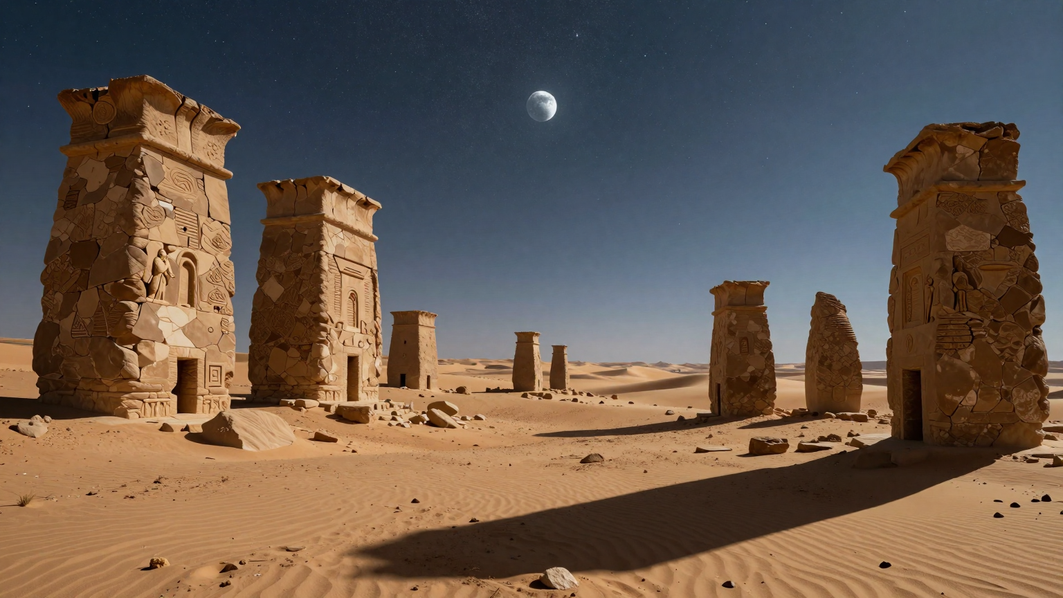 A majestic desert vista under a starlit sky, with ancient stone sentinels guarding the secrets of Hammerfell, their weathered faces gazing towards the horizon where the moon casts elongated shadows. (AI illustration)