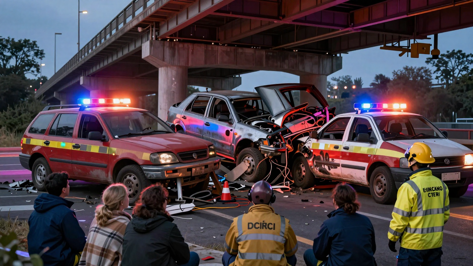 Three vehicles tangled in a web of twisted metal under a bridge, surrounded by a sea of flashing lights from emergency responders, while six figures huddle in blankets nearby, gazing at the wreckage. (AI illustration)