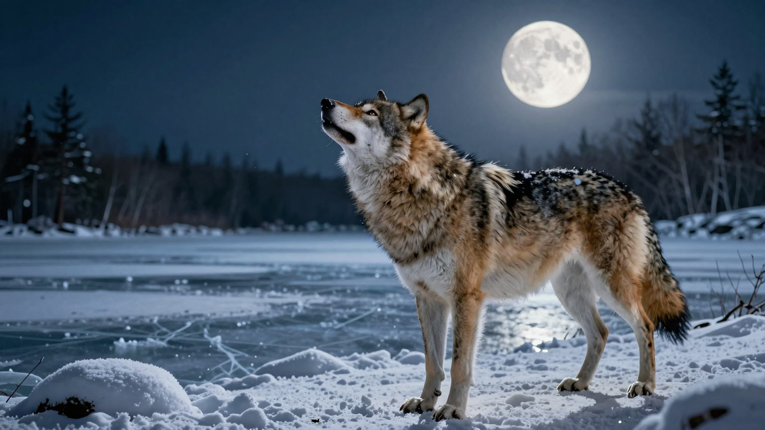 A lone wolf howls under a full moon near a frozen lake, its paw resting gently on a snowy path, symbolizing recovery and the anticipation of future journeys. (AI illustration)