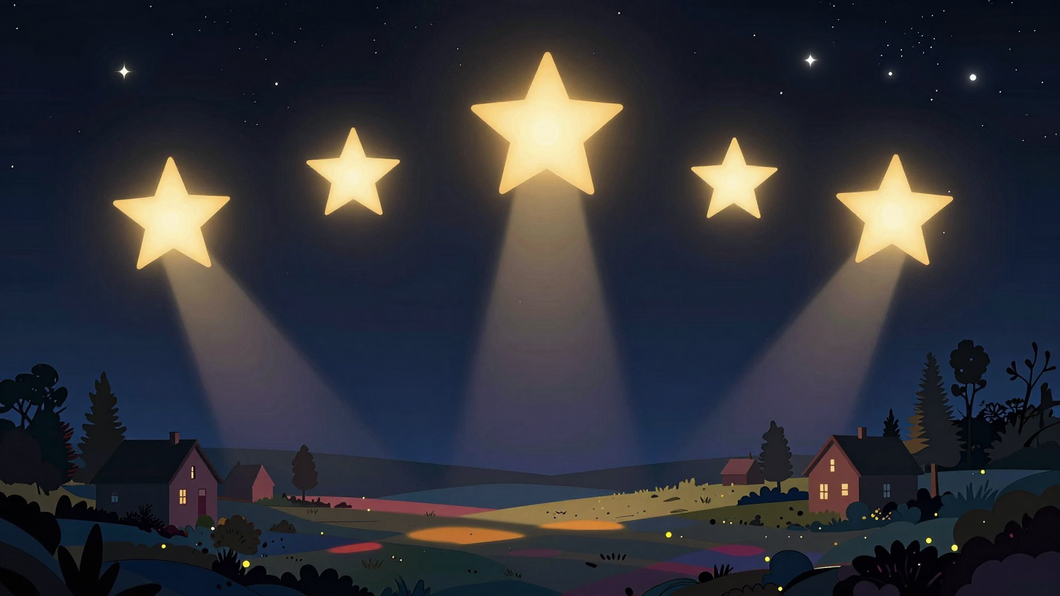 A map of five glowing stars hovers over a night sky, their light casting colorful shadows on a serene landscape below, where silhouettes of houses and trees dance under the celestial guidance. (AI illustration)