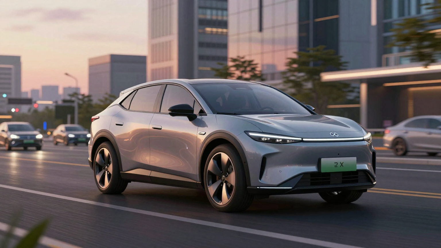 A sleek bZ4X glides gracefully along a futuristic city street at dusk, surrounded by minimal traffic, as soft neon lights reflect off its polished surface, symbolizing the seamless integration of advanced technology in everyday life. (AI illustration)