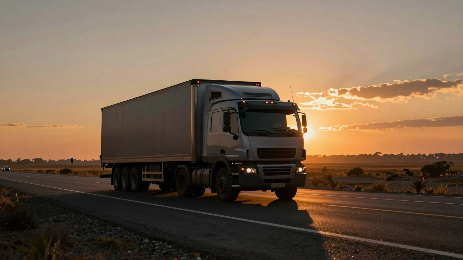 A lone truck stands silhouetted against a burning horizon, its shadow stretching long over a quiet, deserted highway where once laughter filled the air. (AI illustration)