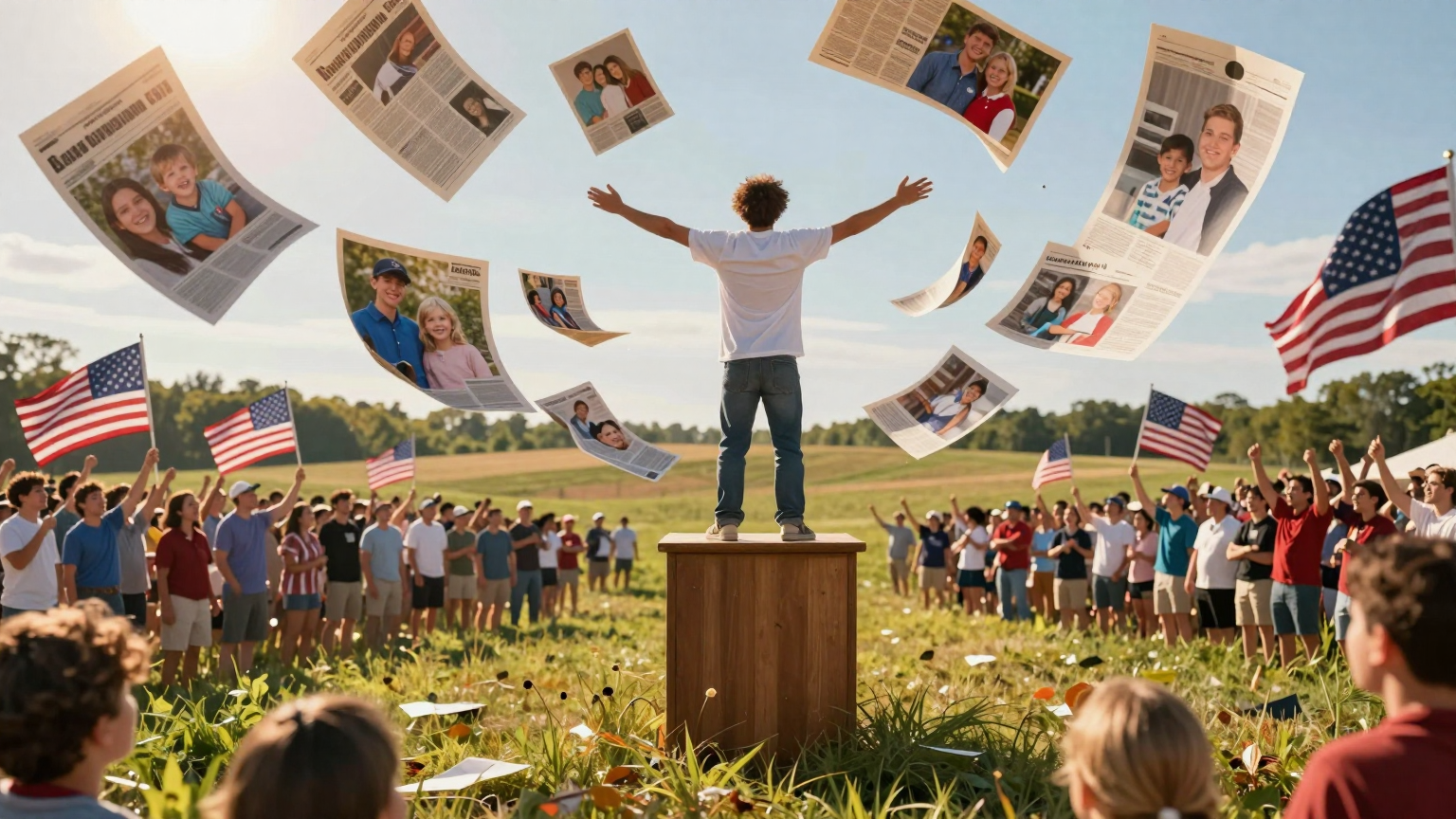 In a sun-drenched Ohio field, a figure stands atop a podium, arms outstretched, surrounded by swirling images of family photographs and newspaper clippings, while a crowd of supporters waves American flags in the background. (AI illustration)