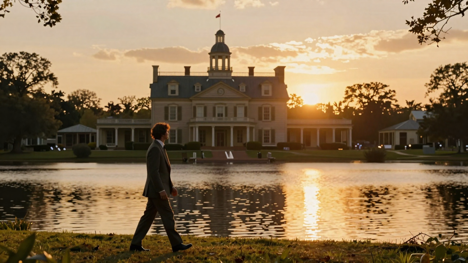 A golden sun sets over a grand plantation house, its reflection shimmering in the tranquil waters of a nearby lake, as a figure clad in a tailored suit walks alone along the shoreline, silhouetted against the sky. (AI illustration)