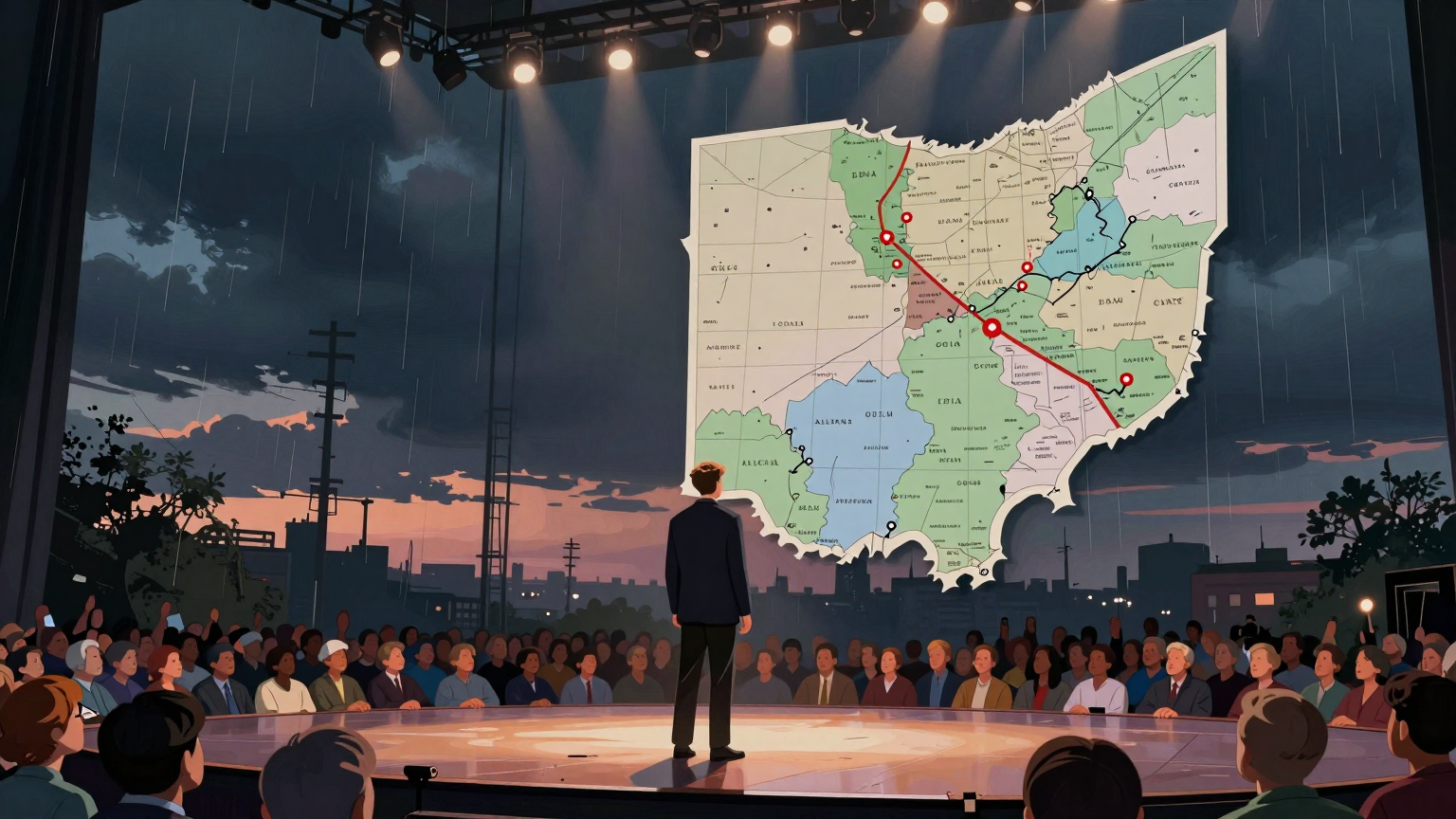 A lone figure stands resolute on a stage under stormy skies, surrounded by a sea of faces in the twilight, as a map of Ohio looms large in the background, hinting at the political climate. (AI illustration)
