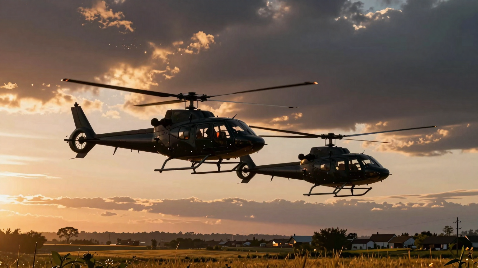 Two overlapping helicopter silhouettes merge into a single dark cloud against a sunset sky, hovering above a quiet countryside dotted with golden fields and a distant, peaceful town. (AI illustration)