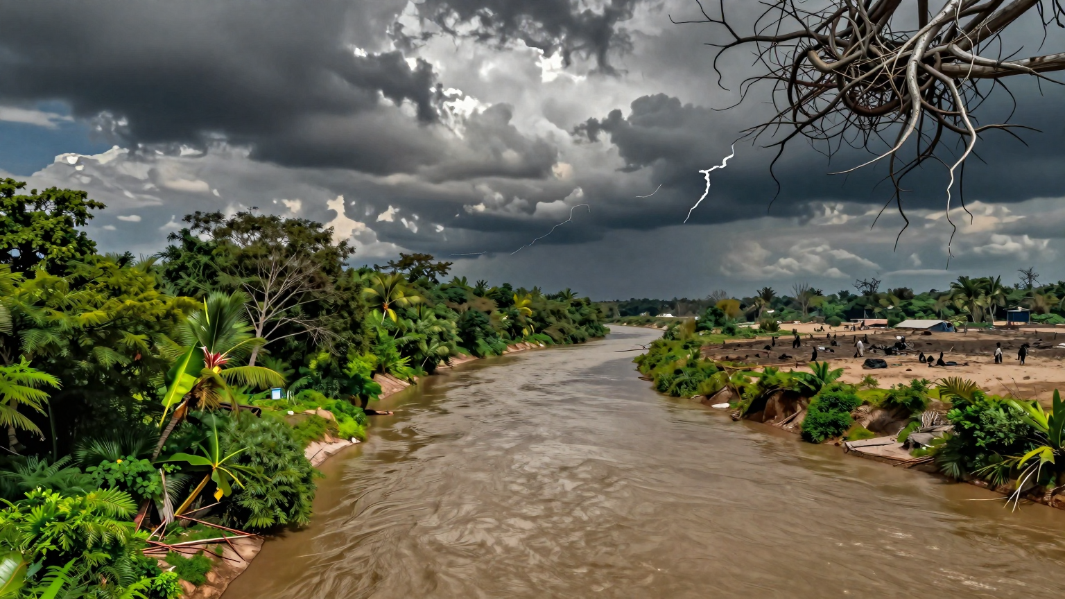 A river divides two banks, one lush and verdant, the other barren and desolate, under a sky where clouds twist like tangled roots, symbolizing the rift between nations and the enduring impact of political actions. (AI illustration)