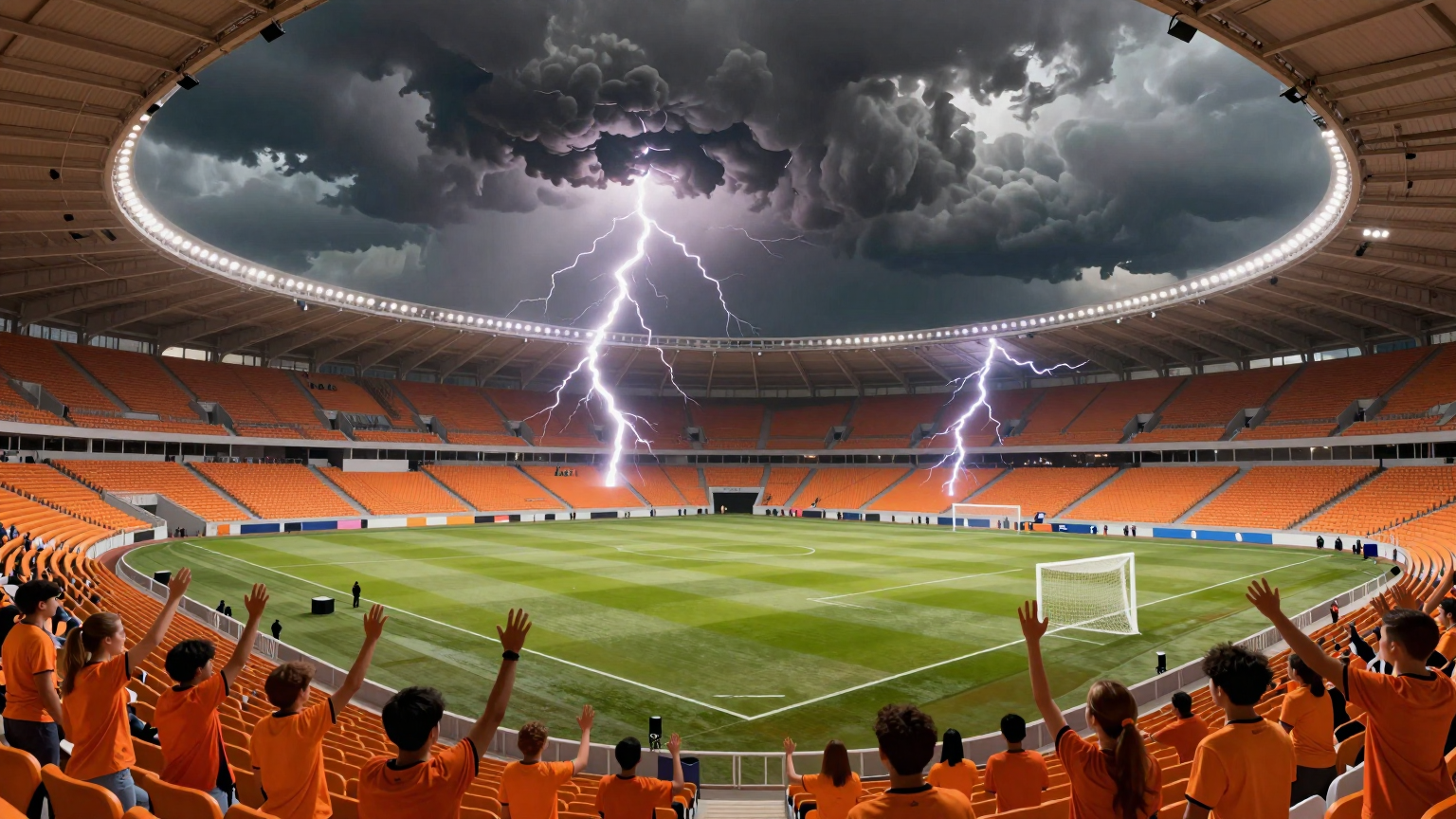 A sea of dark storm clouds looms over a vibrant orange stadium, lightning striking a goal post as if punishing the space, while figures in orange wave apologetically from the stands. (AI illustration)