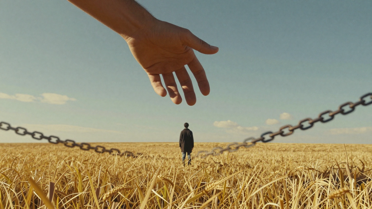 A lone figure stands at the edge of a vast, golden field, reaching towards an open hand suspended in the sky, while shadows of chains stretch across the horizon, hinting at a past yet to be fully acknowledged. (AI illustration)