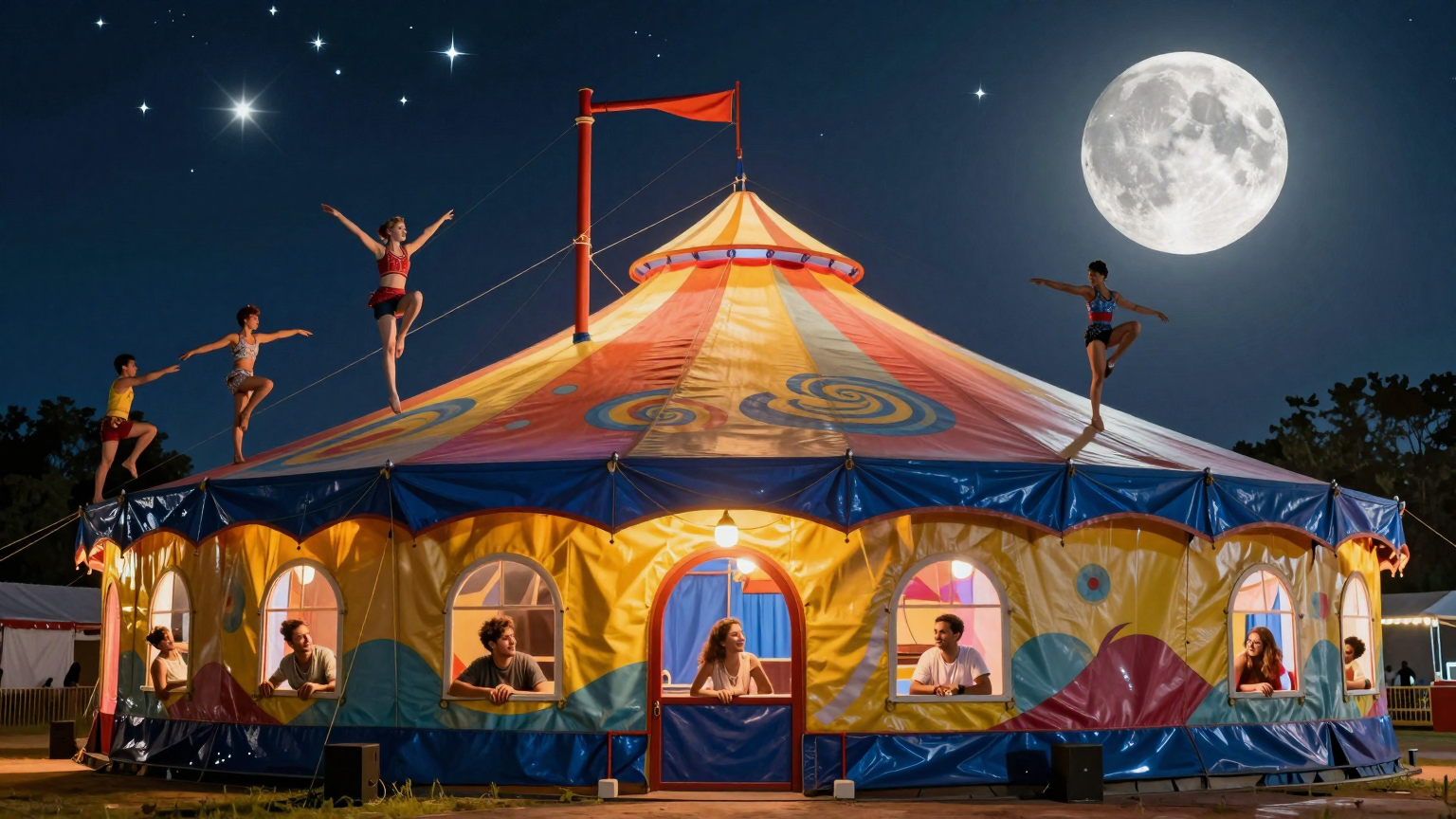 A vibrant circus tent glows under the moonlight, its fabric painted with swirling colors, as joyful faces peer out from the windows, watching acrobats dance through the air against a backdrop of twinkling stars. (AI illustration)